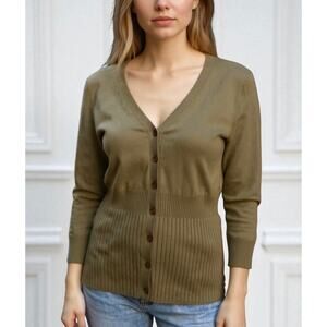 2/$15 Gap V-Neck Sweater Olive Green Button Front Knit 3/4 Sleeve Size S